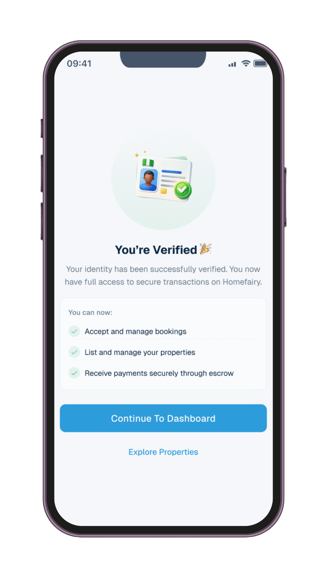 Identity verified confirmation screen